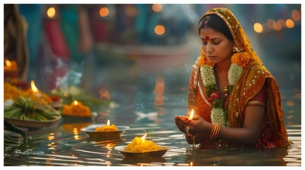 છઠના પ્રથમ દિવસે ભક્તો જળાશયોમાં સ્નાન કરે છે