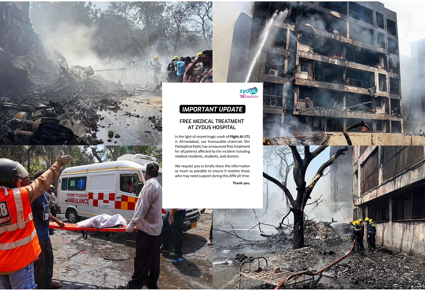 Zydus Hospital નો ઐતિહાસિક નિર્ણય, Plane Crash ના પીડિતોને સંપૂર્ણ મફત સારવાર!