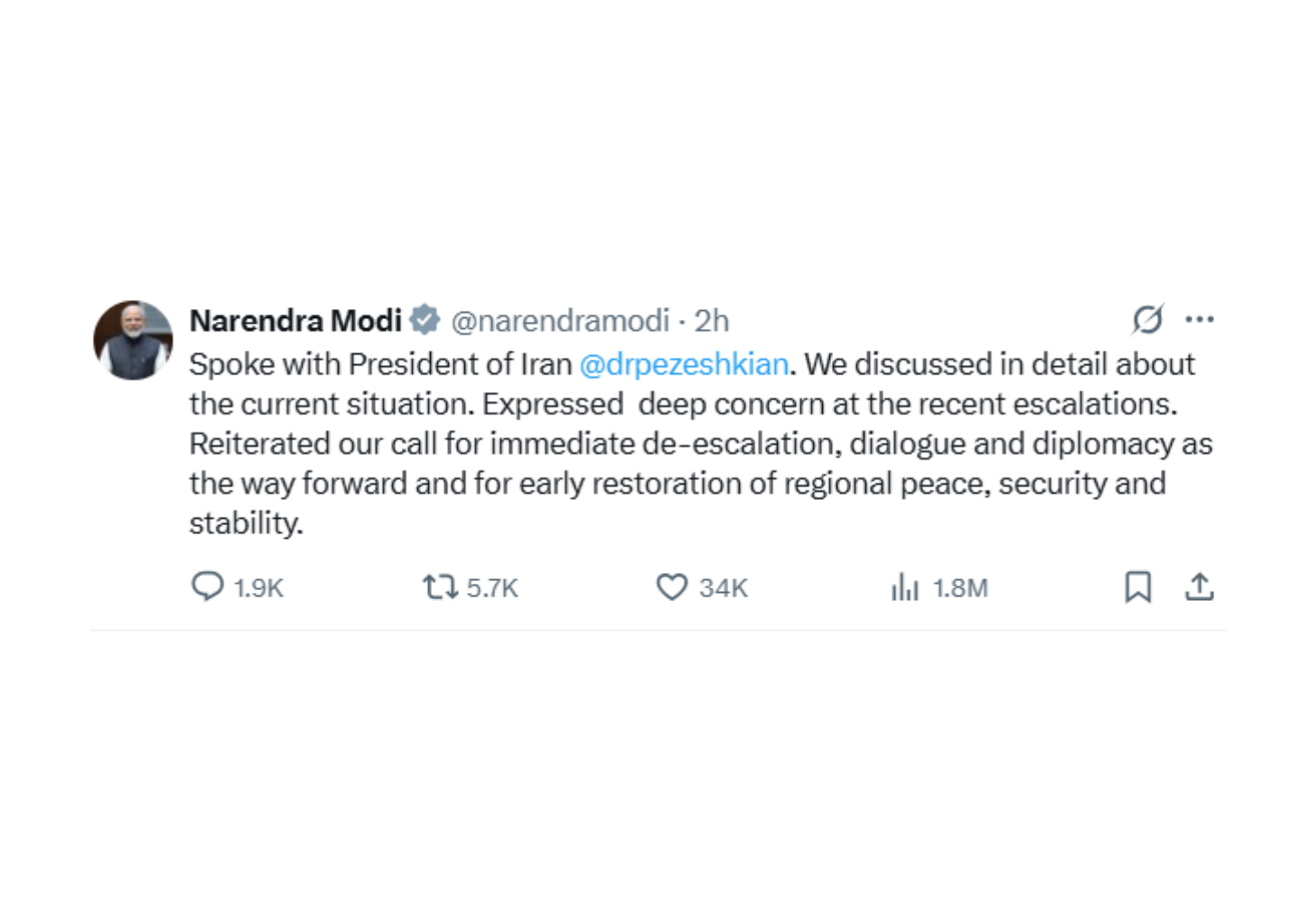 PM મોદીની ઈરાનના રાષ્ટ્રપતિ સાથે ટેલિફોનિક વાતચીત, શાંતિ સ્થાપનાની અપીલ 